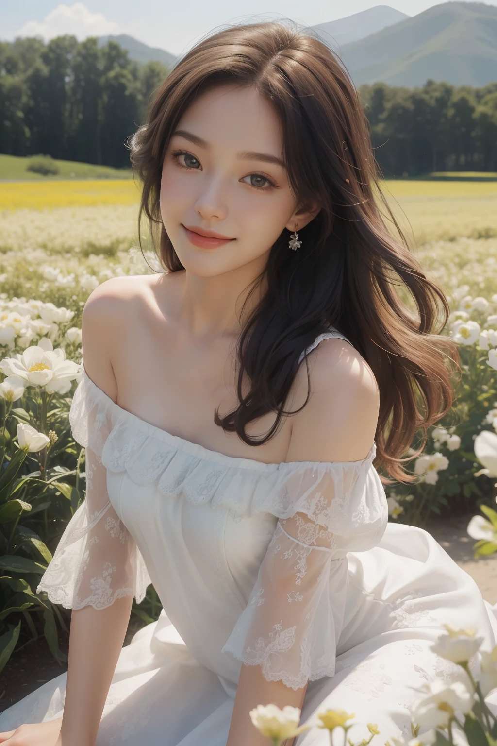 best quality, masterpiece, ultra high resolution, (realistic:1.4), RAW photos, 1 woman, white dress, off shoulder, flower field in full bloom, glowing skin, light smile