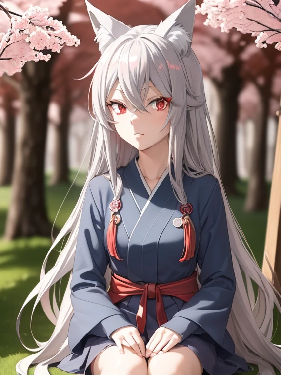 (red eyes,details:1.5),(best quality,4k,8k,highres,masterpiece:1.2),ultra-detailed, grey and silver hair,redwoodenshoes,girl´s green dress,boy´s blue jeans,beautiful detailed eyes,beautiful detailed lips,extremely detailed eyes and face,longeyelashes,anime styled hair,anime TV show,anime casual clothing,anime characters,anime art style,fox ears on both characters,boy with medium length hair,girl with long hair,background: anime Japanese school,autumn colors on the trees,Japanese cherry blossom tree in the background,daylight,shadows under the trees,soft lighting,mysterious atmosphere,motion blurring effect,full moon in the sky,v, couple boy and girl