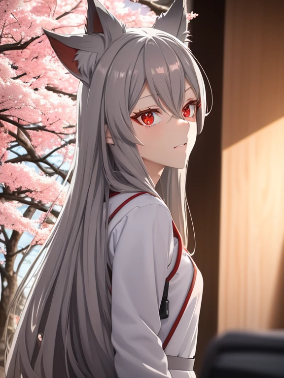 (red eyes,details:1.5),(best quality,4k,8k,highres,masterpiece:1.2),ultra-detailed, grey and silver hair,redwoodenshoes,girl´s green dress,boy´s blue jeans,beautiful detailed eyes,beautiful detailed lips,extremely detailed eyes and face,longeyelashes,anime styled hair,anime TV show,anime casual clothing,anime characters,anime art style,fox ears on both characters,boy with medium length hair,girl with long hair,background: anime Japanese school,autumn colors on the trees,Japanese cherry blossom tree in the background,daylight,shadows under the trees,soft lighting,mysterious atmosphere,motion blurring effect,full moon in the sky,v, couple boy and girl