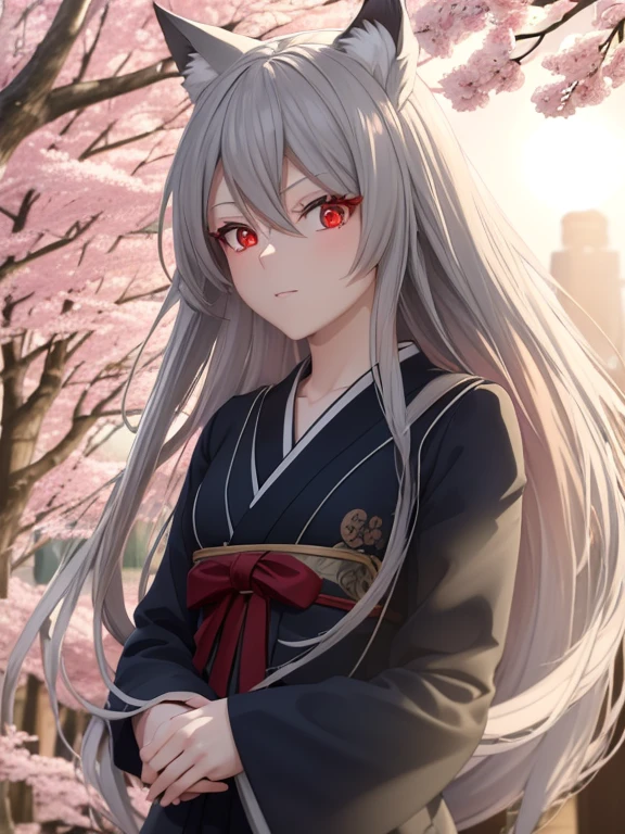 (red eyes,details:1.5),(best quality,4k,8k,highres,masterpiece:1.2),ultra-detailed, grey and silver hair,redwoodenshoes,girl´s green dress,boy´s blue jeans,beautiful detailed eyes,beautiful detailed lips,extremely detailed eyes and face,longeyelashes,anime styled hair,anime TV show,anime casual clothing,anime characters,anime art style,fox ears on both characters,boy with medium length hair,girl with long hair,background: anime Japanese school,autumn colors on the trees,Japanese cherry blossom tree in the background,daylight,shadows under the trees,soft lighting,mysterious atmosphere,motion blurring effect,full moon in the sky,v, couple boy and girl