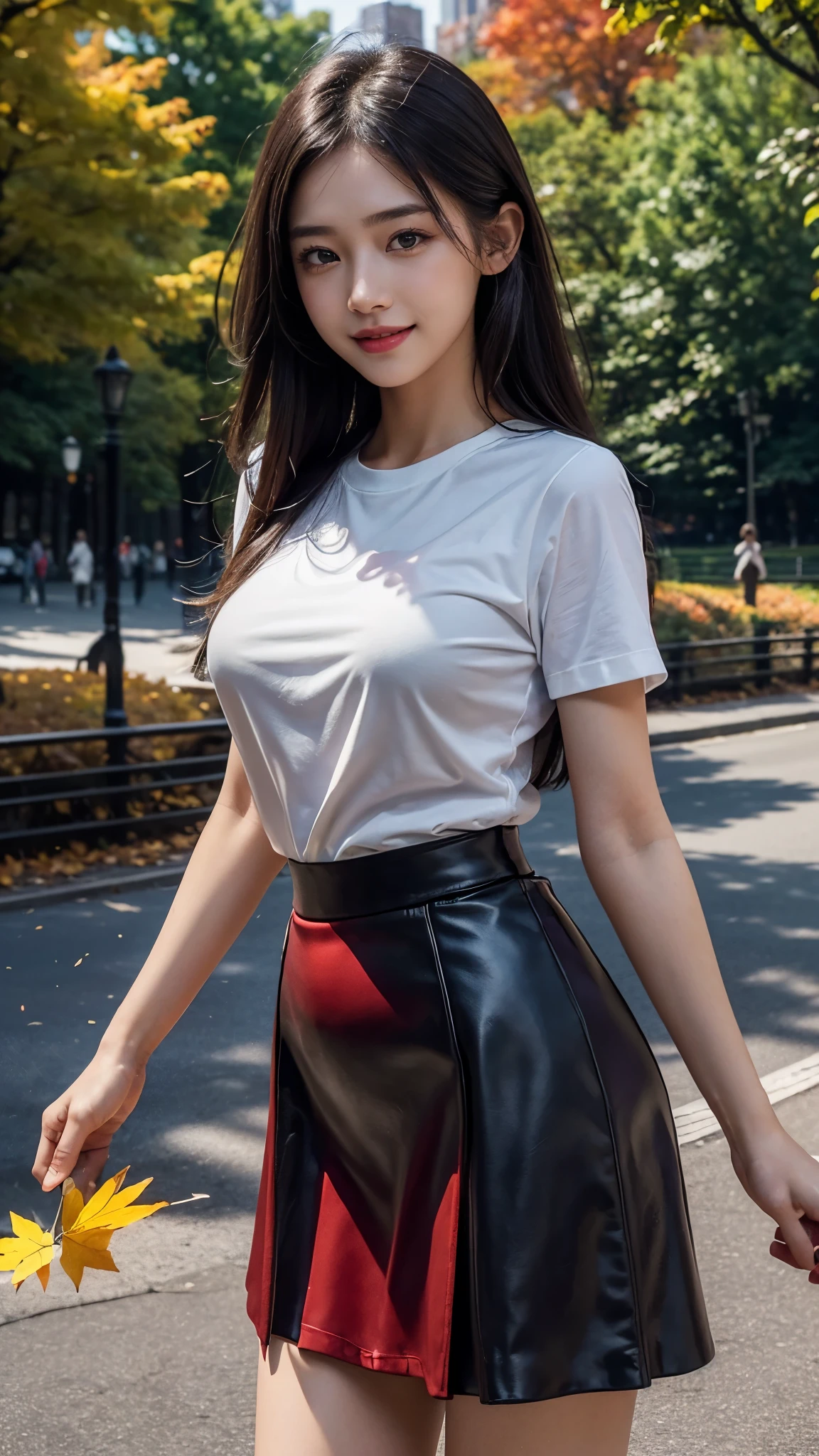 Master piece, CG Unity 8k walpaper, ((Realistic: 1.2))Ray Tracing, 64k, Beautiful 20 years girl, Asian realistic girl, Ultra Realistic, ultra HD, ((Autumn)), ((Road)), Vehicles, Solo, ((Luxury Red silky T-shirt with luxury Purple Knee length skirt)), Falling Orenge colour leafs, many fallen leafs in ground, Beautiful smile, ((smile: 1.2)), Standing, Stylish look, sexy angles, realistic Skin, Perfect young body, Young figure , detailed background, Detailed skin, detailed dress, Long Black hair, cinematic lighting, cinematic Photography, High resolution Dress Quality, High resolution picture quality, ((Manhattan)), ((Central Park)), Street view,