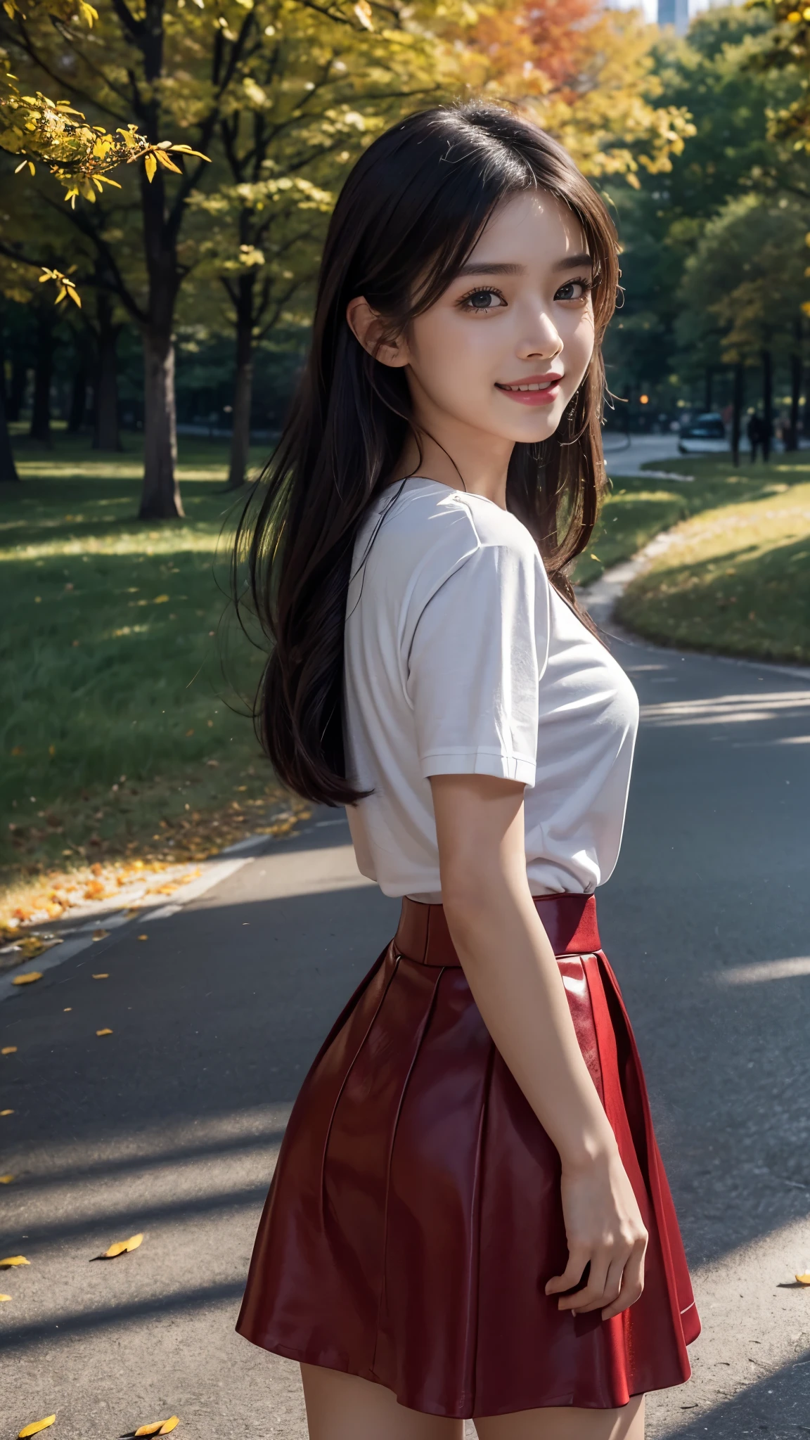 Master piece, CG Unity 8k walpaper, ((Realistic: 1.2))Ray Tracing, 64k, Beautiful 20 years girl, Asian realistic girl, Ultra Realistic, ultra HD, ((Autumn)), ((Road)), Pink Lamborghini Car, Solo, ((Luxury Red silky T-shirt with luxury Purple Knee length skirt)), Falling Orenge colour leafs, many fallen leafs in ground, Beautiful smile, ((smile: 1.2)), Standing, Stylish look, sexy angles, realistic Skin, Perfect young body, Young figure , detailed background, Detailed skin, detailed dress, Long Black hair, cinematic lighting, cinematic Photography, High resolution Dress Quality, High resolution picture quality, ((Manhattan)), ((Central Park)), Street view, walking in beside road, ((Grass)), ((Perfect Autumn nature)), 