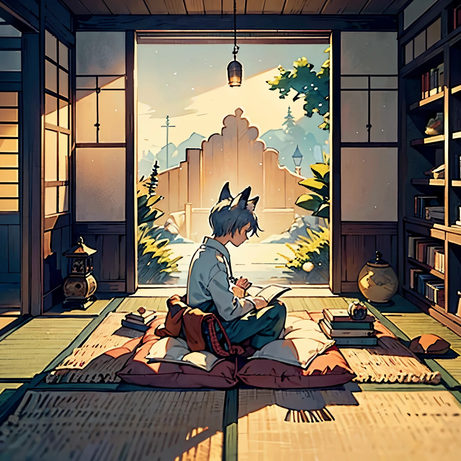 "An ethereal night sky filled with twinkling stars, darkness enveloping the scene, creates an atmosphere of mystery and tranquility. The protagonist stands in awe, gazing up at the vast expanse above. Inside a dimly lit room, a age boy can be seen diligently working at his desk. His silver hair falls neatly around his short hair, while his fox ears perk up curiously. A fox tail sways gently behind him as he sits attentively. The room itself is a peaceful sanctuary. A wooden low table sits in the center, adorned with a single candle that casts a soft glow. The clean tatami mats provide a comfortable seating area, inviting relaxation. A bookshelf filled with numerous books stands against one wall, offering a glimpse into the boy's love for knowledge. In this serene setting, the absence of light allows the imagination to wander freely. The night sky and the boy's dedicated work intertwine, creating an atmosphere of peaceful solitude and infinite possibilities."