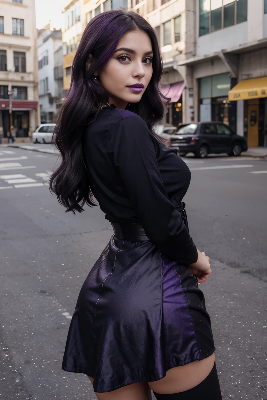hermoso rostro angelical , Retrato de cara, Cara hermosa, sonriente, ((purple lipstick)), ((Maquillaje muy intenso)), cabello negro, cabello platinado en las puntas, cabello ondulado, vestido negro corto, Minifalda negra, Super neckline, Botas altas rosas, Mujer voluptuosa, de frente cuerpo entero hermoso, ropa a la moda,jean sexi masturbandose