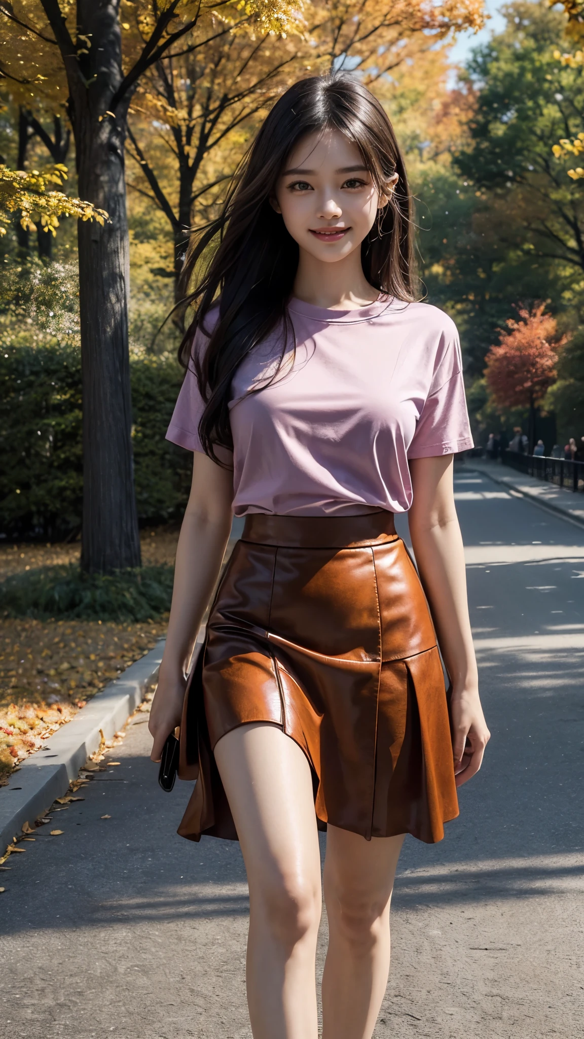 Master piece, CG Unity 8k walpaper, ((Realistic: 1.2))Ray Tracing, 64k, Beautiful 20 years girl, Asian realistic girl, Ultra Realistic, ultra HD, ((Autumn)), ((Road)), Pink Lamborghini Car, Solo, ((Luxury Red silky T-shirt with luxury Purple Knee length skirt)), Falling Orenge colour leafs, many fallen leafs in ground, Beautiful smile, ((smile: 1.2)), Standing, Stylish look, sexy angles, realistic Skin, Perfect young body, Young figure , detailed background, Detailed skin, detailed dress, Long Black hair, cinematic lighting, cinematic Photography, High resolution Dress Quality, High resolution picture quality, ((Manhattan)), ((Central Park)), Street view, walking in beside road, ((Grass)), ((Perfect Autumn nature)), 