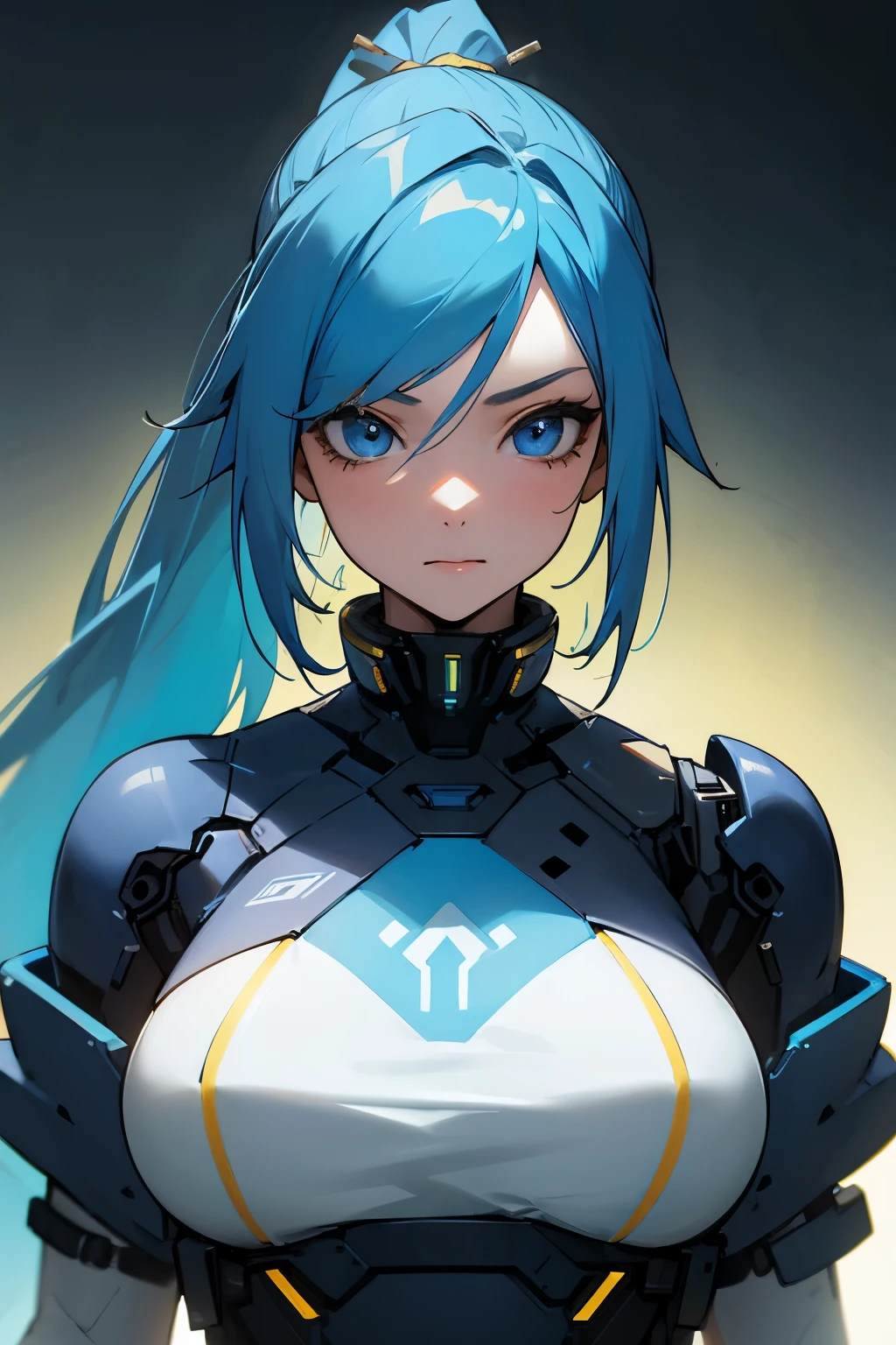 1girl, ((human)), long blue hair yellow gradient, blue eyes, blue long dress, ponytail, synthesizer, futuristic, busty, (detailed face)