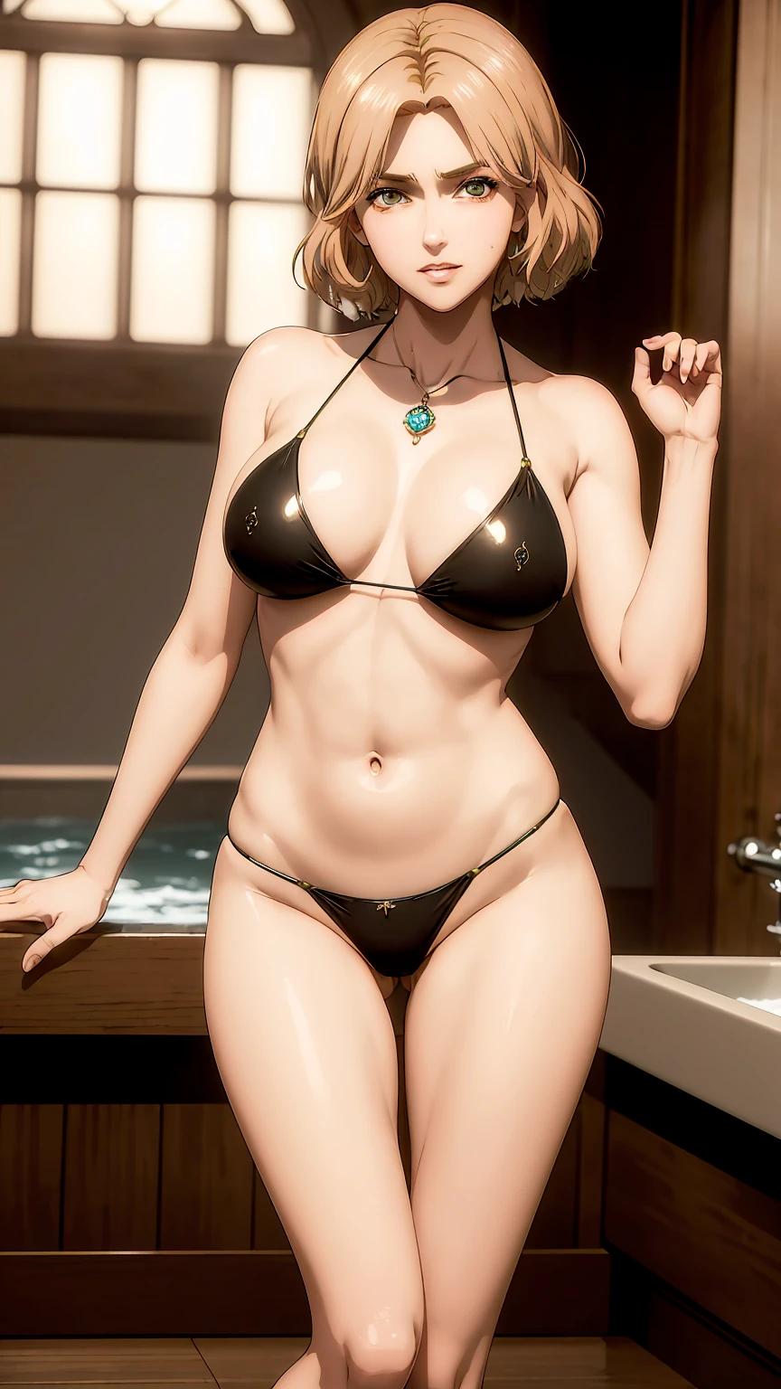 masterpiece, best quality, extremely detail 8k cg, high resolution, 1girl, hitch dreyse, blonde hair, emerald eyes, thin body, huge breasts, thigh gap, bikini top, high leg bikini bottoms, embarrassed look, blush, indoors, bath house, beautiful face, medium full shot