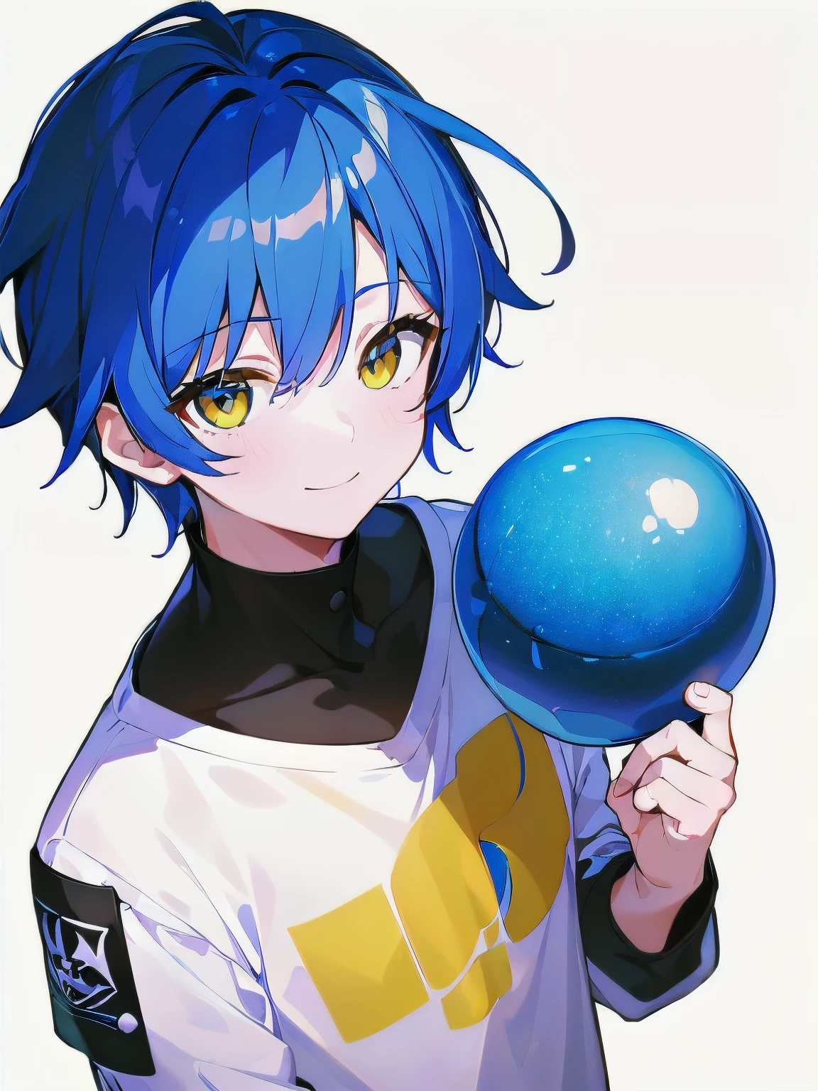 [(WHITE BACKGROUND:1.5),::5], ((((masterpiece)))), high quality, very_high_resolution, large_filesize, full color, ((younger boy)), , short deepblue hair, vivid color, ((yellow eye)), smile, civilian clothes white, anime, 