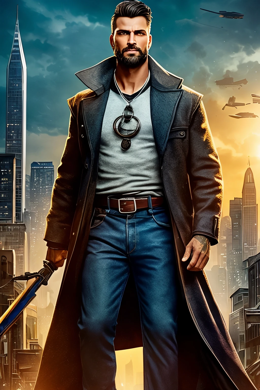 A realistic and mature male figure, around 35 years old, emerges from an urban setting. Once consumed by the depths of depression for years, his countenance now radiates wisdom and resilience. His features are handsome and manly, accentuated by the sharp lines of his angular face and piercing blue eyes. His clothes are casual yet well-fitted, reflecting a sense of self-care and pride. Despite the challenges he's faced, his mind remains strong and focused, and his expression conveys a newfound peace and determination. The background shows the grittiness of the city, but the light casts a warm and hopeful glow around the figure, symbolizing the triumph over adversity