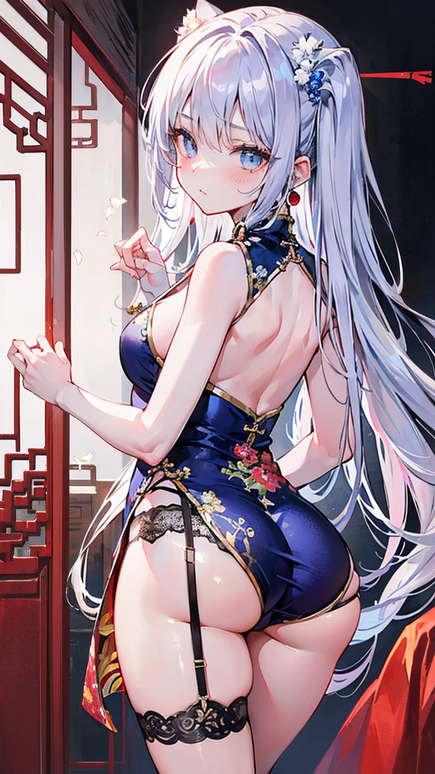 High resolution, adult women , good lighting, contemptible, , (No nudity), (((Chinese dress))), (()), ((())), (garter belt), Abdomen only, (), , cute face, I'I很尴尬,Blushed, humiliating, ((Turn around and look back)), ((perspective))()(T-back)(A lot on the body,)