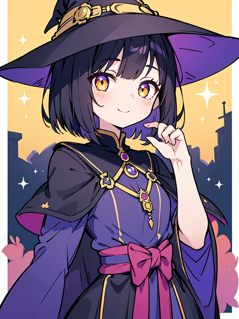 Witch's outfit, Anime-style portrait of a teen-ager girl with a deep violet bob cut, (Golden eyes), bright eyes, detailed eyes, eye contact with the camera, subtle smile, minimalistic background to emphasize character, high contrast, clean lines, digital painting, vivid colors
