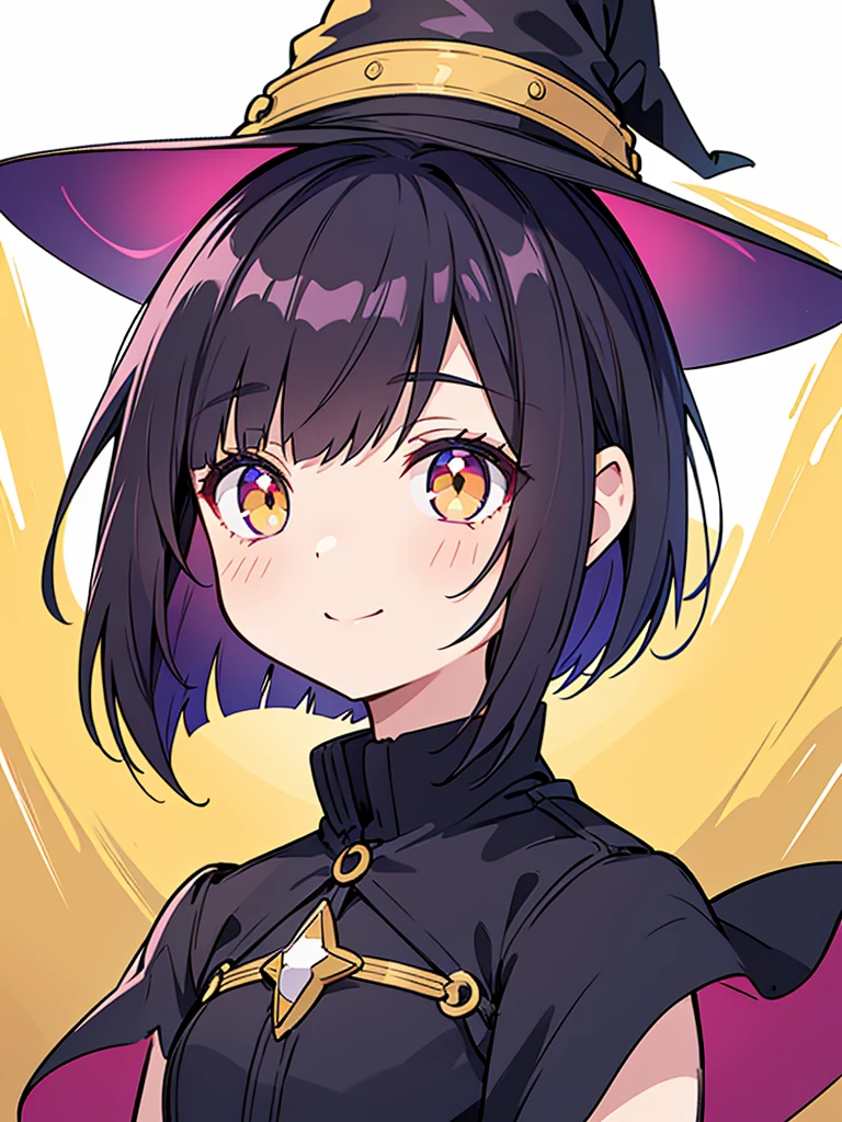 Witch's outfit, Anime-style portrait of a -agerrl with a deep violet bob cut, (Golden eyes), bright eyes, detailed eyes, eye contact with the camera, subtle smile, minimalistic background to emphasize character, high contrast, clean lines, digital painting, vivid colors