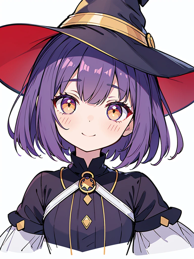 Witch's outfit, Anime-style portrait of a teen-ager girl with a deep violet bob cut, (Golden eyes), bright eyes, detailed eyes, eye contact with the camera, subtle smile, minimalistic background to emphasize character, high contrast, clean lines, digital painting, vivid colors