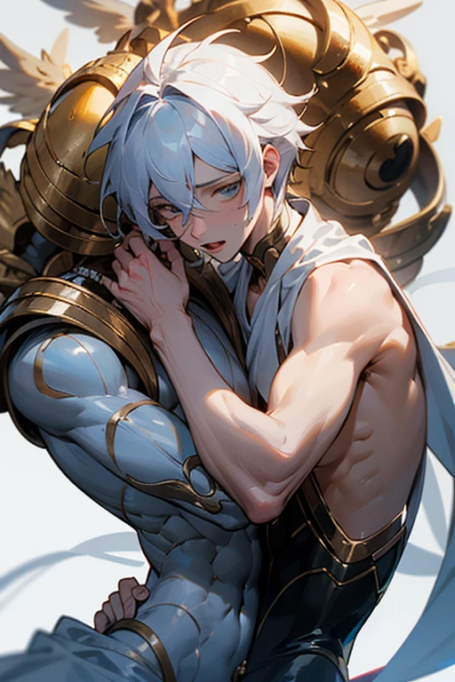 Blueish silver wild hair, blue skin, gold eyes, smirk evil face , shirtless , thin body, muscular build , young , 1male , darkest background , evil pose, waist, dynamic angles.