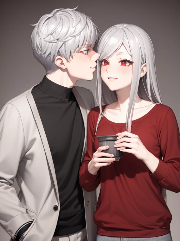 red eyes,details:1.5,(best quality,8k,highres,masterpiece:1.2),ultra-detailed,boy with grey hair,evils smile,casual clothes,girl with silver hair,feminine,blushing cheeks,near kiss