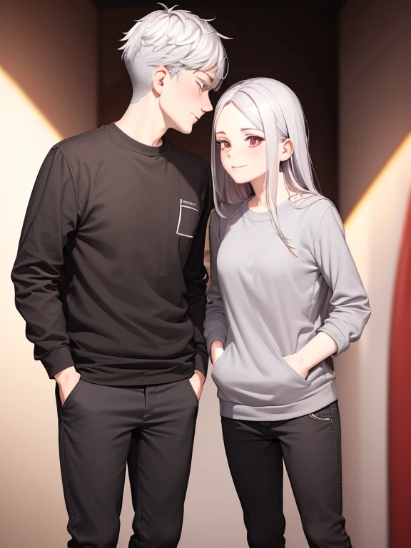 red eyes,details:1.5,(best quality,8k,highres,masterpiece:1.2),ultra-detailed,boy with grey hair,evils smile,casual clothes,girl with silver hair,feminine,blushing cheeks,near kiss