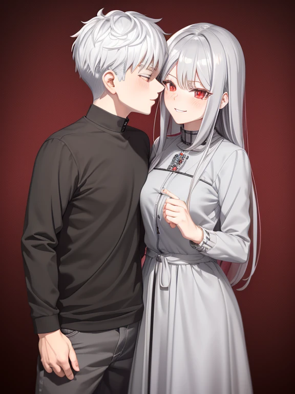 red eyes,details:1.5,(best quality,8k,highres,masterpiece:1.2),ultra-detailed,boy with grey hair,evils smile,casual clothes,girl with silver hair,feminine,blushing cheeks,near kiss