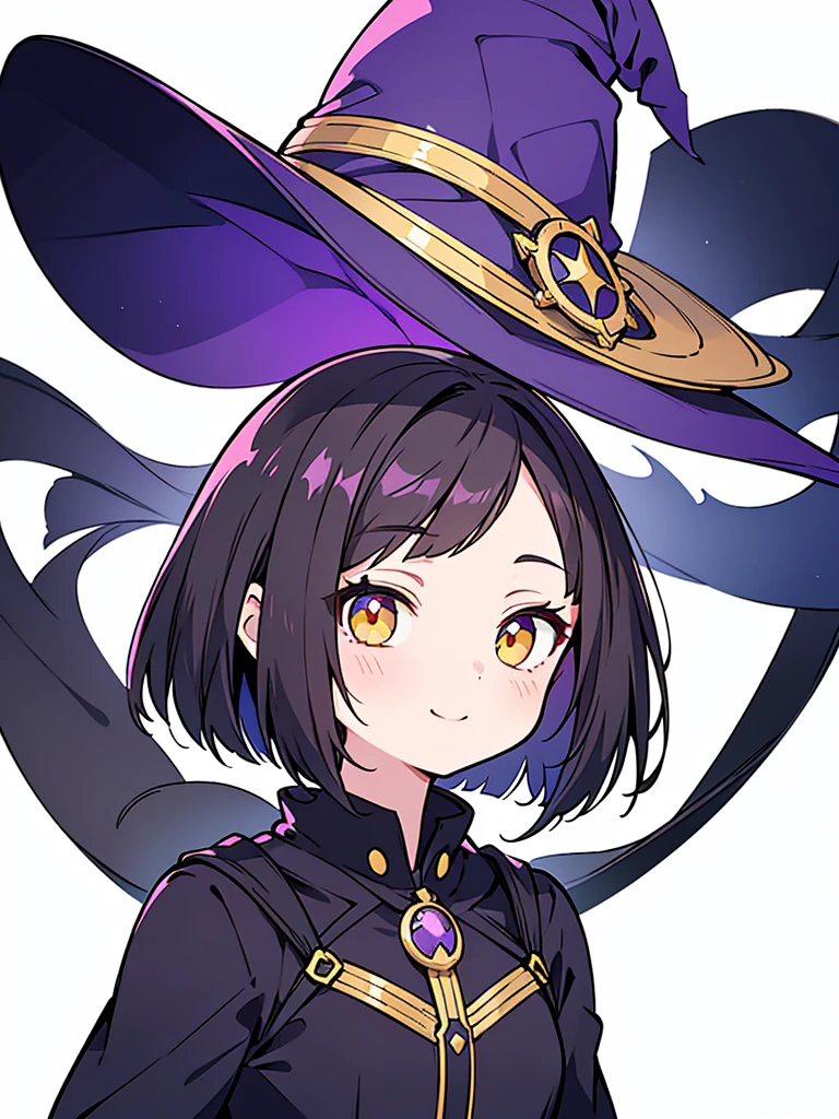 Witch's outfit, Anime-style portrait of a -ager girl with a deep violet bob cut, (Golden eyes), bright eyes, detailed eyes, eye contact with the camera, subtle smile, minimalistic background to emphasize character, high contrast, clean lines, digital painting, vivid colors
