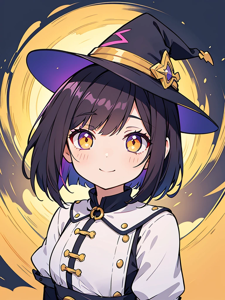 Witch's outfit, Anime-style portrait of a teen-ager girl with a deep violet bob cut, (Golden eyes), bright eyes, detailed eyes, eye contact with the camera, subtle smile, minimalistic background to emphasize character, high contrast, clean lines, digital painting, vivid colors