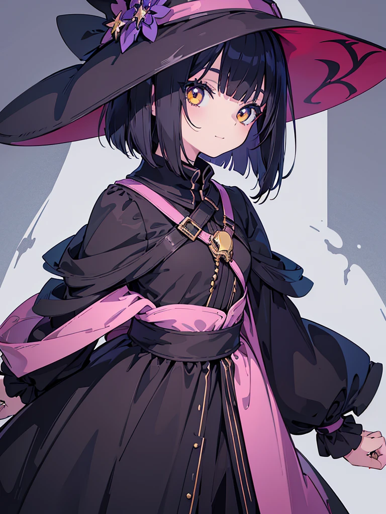 Witch's outfit, Anime-style portrait of a teen-ager girl with a deep violet bob cut, (Golden eyes), bright eyes, detailed eyes, eye contact with the camera, subtle smile, minimalistic background to emphasize character, high contrast, clean lines, digital painting, vivid colors