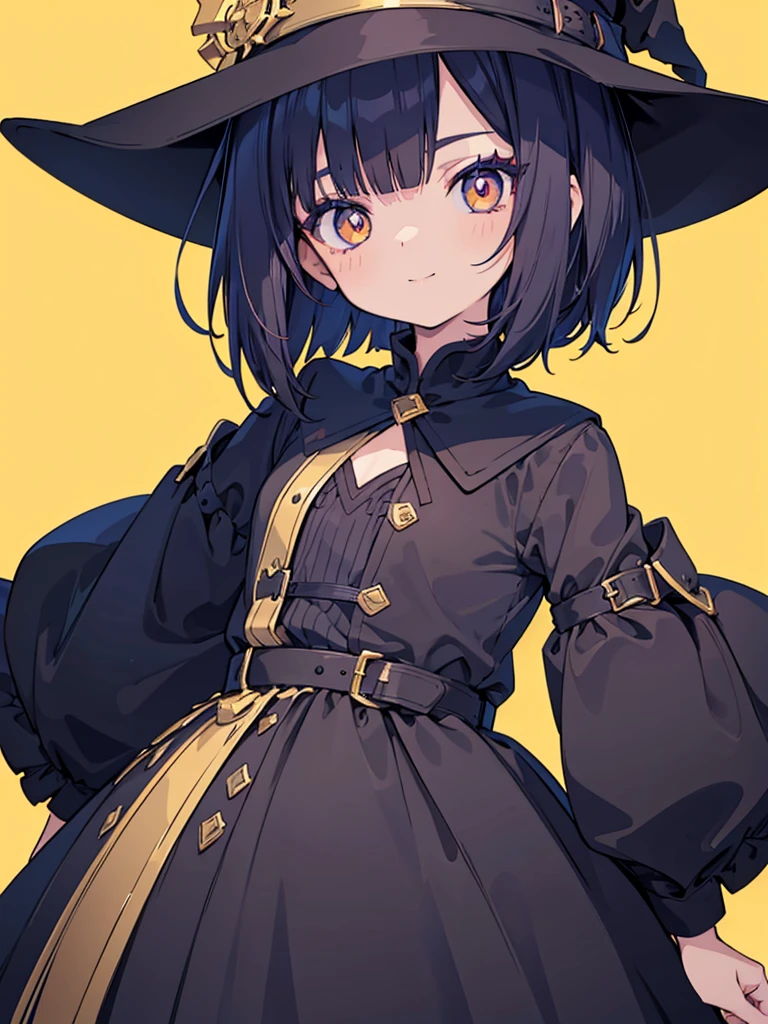 Witch's outfit, Anime-style portrait of a teen-ager girl with a deep violet bob cut, (Golden eyes), bright eyes, detailed eyes, eye contact with the camera, subtle smile, minimalistic background to emphasize character, high contrast, clean lines, digital painting, vivid colors