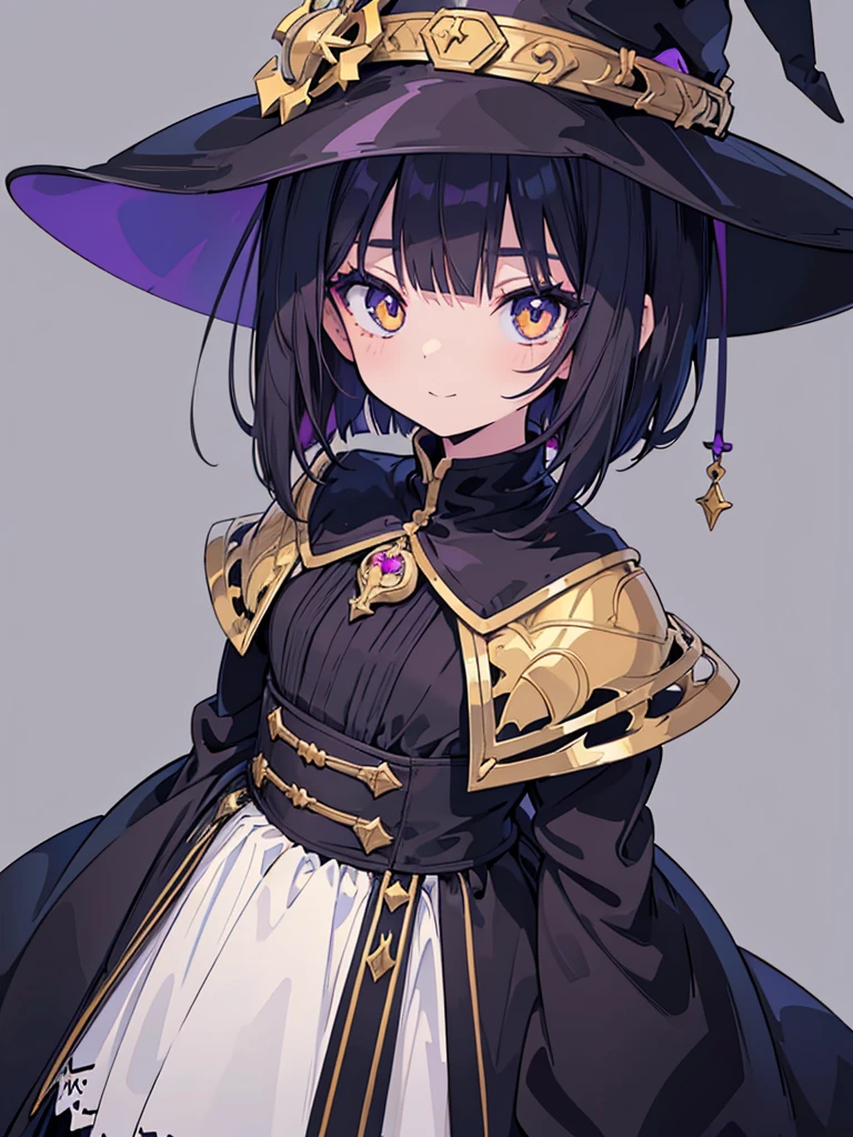Witch's outfit, Anime-style portrait of a teen-ager girl with a deep violet bob cut, (Golden eyes), bright eyes, detailed eyes, eye contact with the camera, subtle smile, minimalistic background to emphasize character, high contrast, clean lines, digital painting, vivid colors