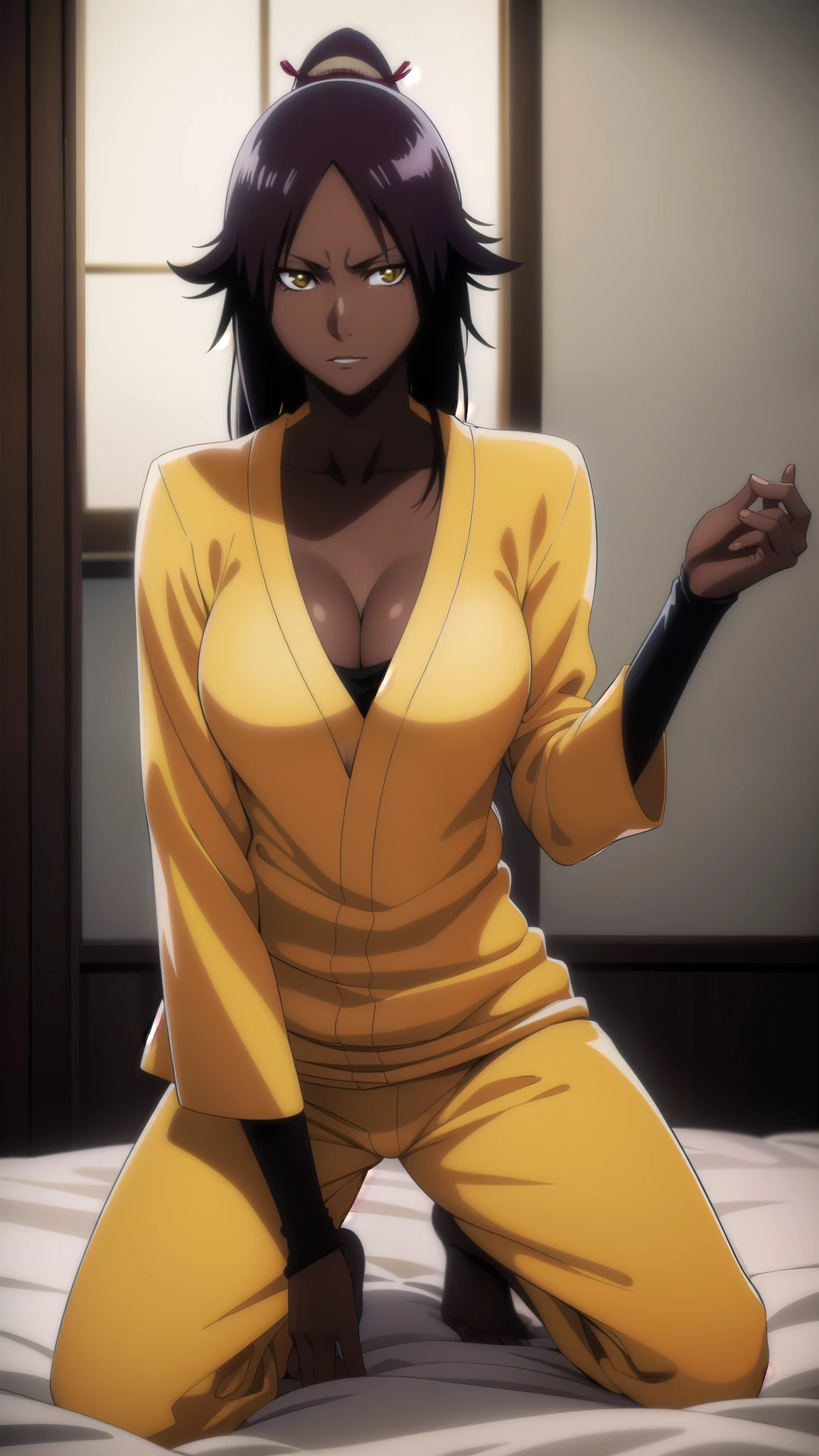 erotic girl, depth of field, cinematic lighting, realism, full body, dark skin, brunette skin tone, yellow eyes, 1girl, Yoruichi_Bleach, yellow eyes, ((Yoruichi Shihouin)), in her room, wearing colorful pajamas, cleavage, deep cleavage, perfect eyes, masterpiece, best quality, 4K, HDR, cinematic lighting, Yoruichi_Bleach, photorealistic,