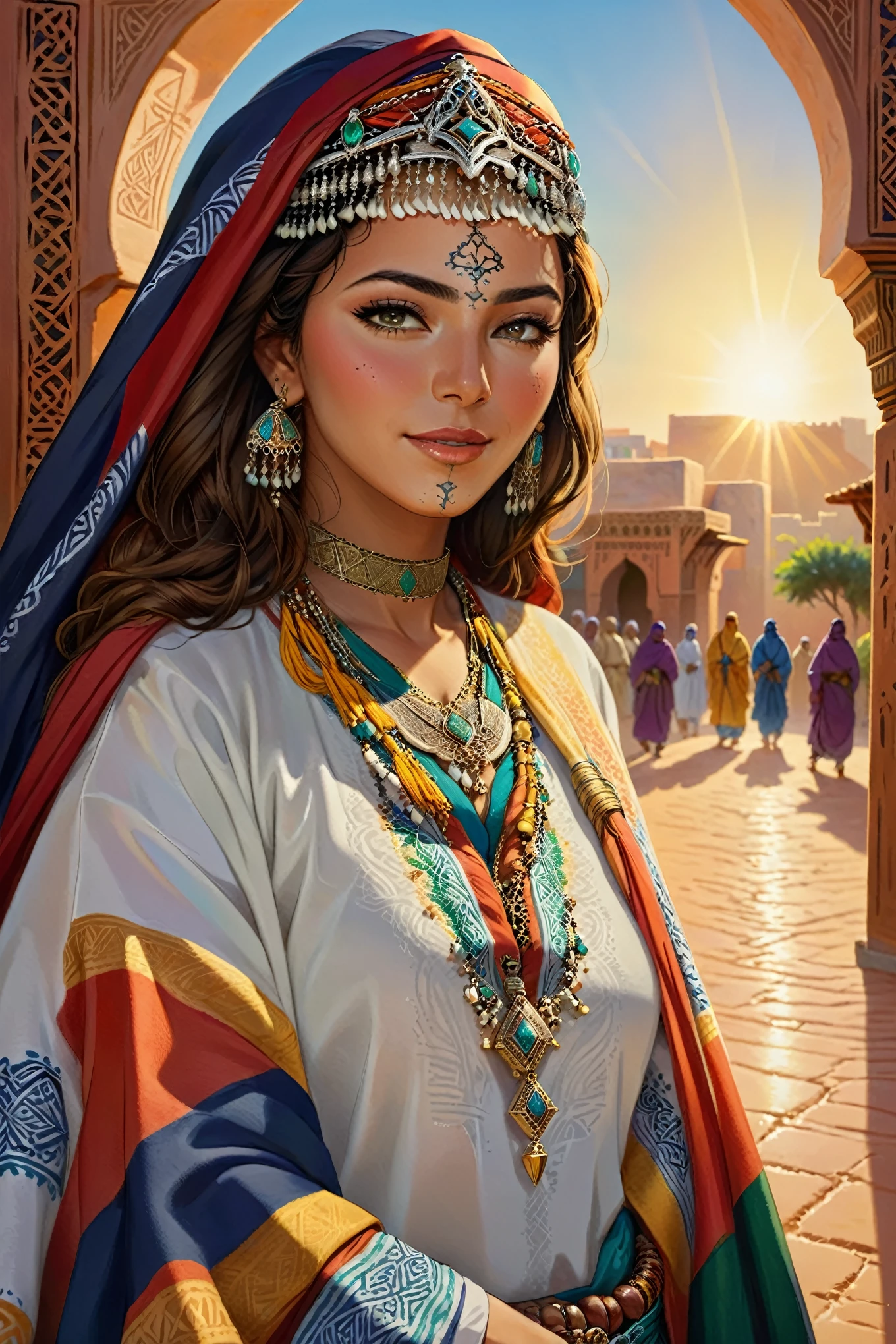 (best quality,photorealistic),vibrant colors, detailed facial features, intricate hair, traditional attire, confident posture, traditional Moroccan jewelry, sunlight illuminating the scene, lively and energetic composition