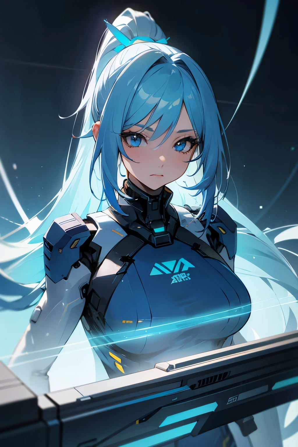 1girl, ((human)), long blue hair yellow gradient, blue eyes, blue long dress, ponytail, synthesizer, futuristic, busty, (detailed face)