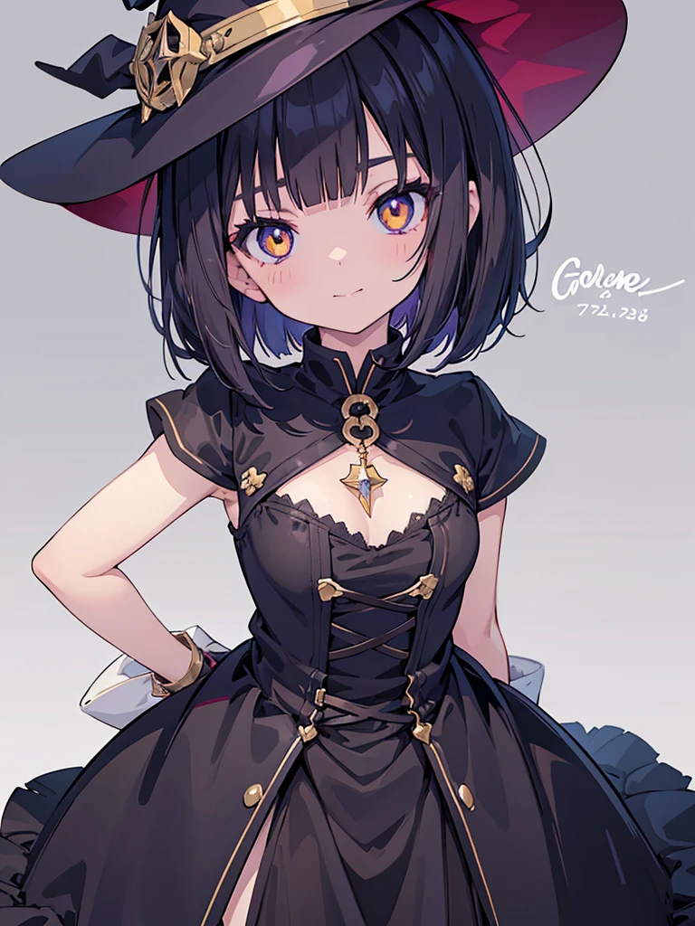 Witch's outfit, Anime-style portrait of a teen-ager girl with a deep violet bob cut, (Golden eyes), bright eyes, detailed eyes, eye contact with the camera, subtle smile, minimalistic background to emphasize character, high contrast, clean lines, digital painting, vivid colors