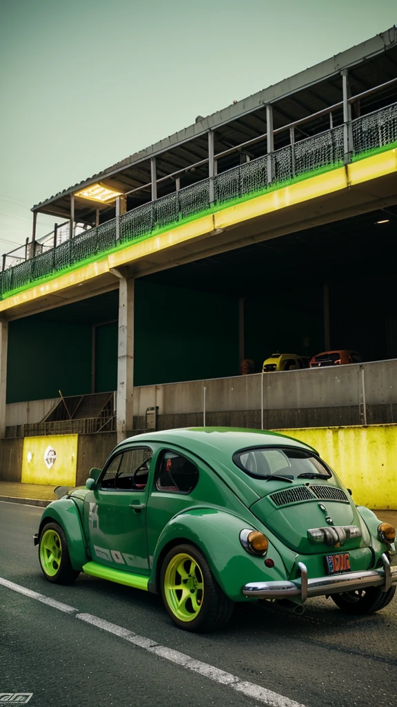 Fusca de cor laranja, desing de corrida, airfoil, low suspension, rodas com aros grandes, aros cromados ,Insulfilm verde, led Neon de baixo do carro cor verde, visto de lado