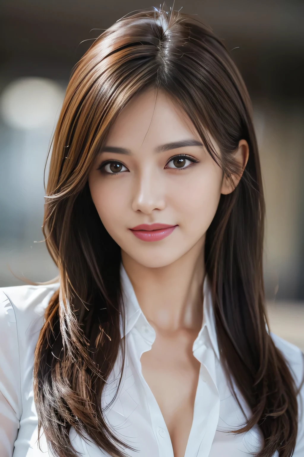 table top, highest quality, realistic, Super detailed, finely, High resolution, 8k wallpaper, 1 beautiful woman,, light brown messy hair, wearing a business suit, sharp focus, perfect dynamic composition, finely beautiful eyes, thin hair, Detailed and realistic skin texture, smile, close-up portrait, model body shape