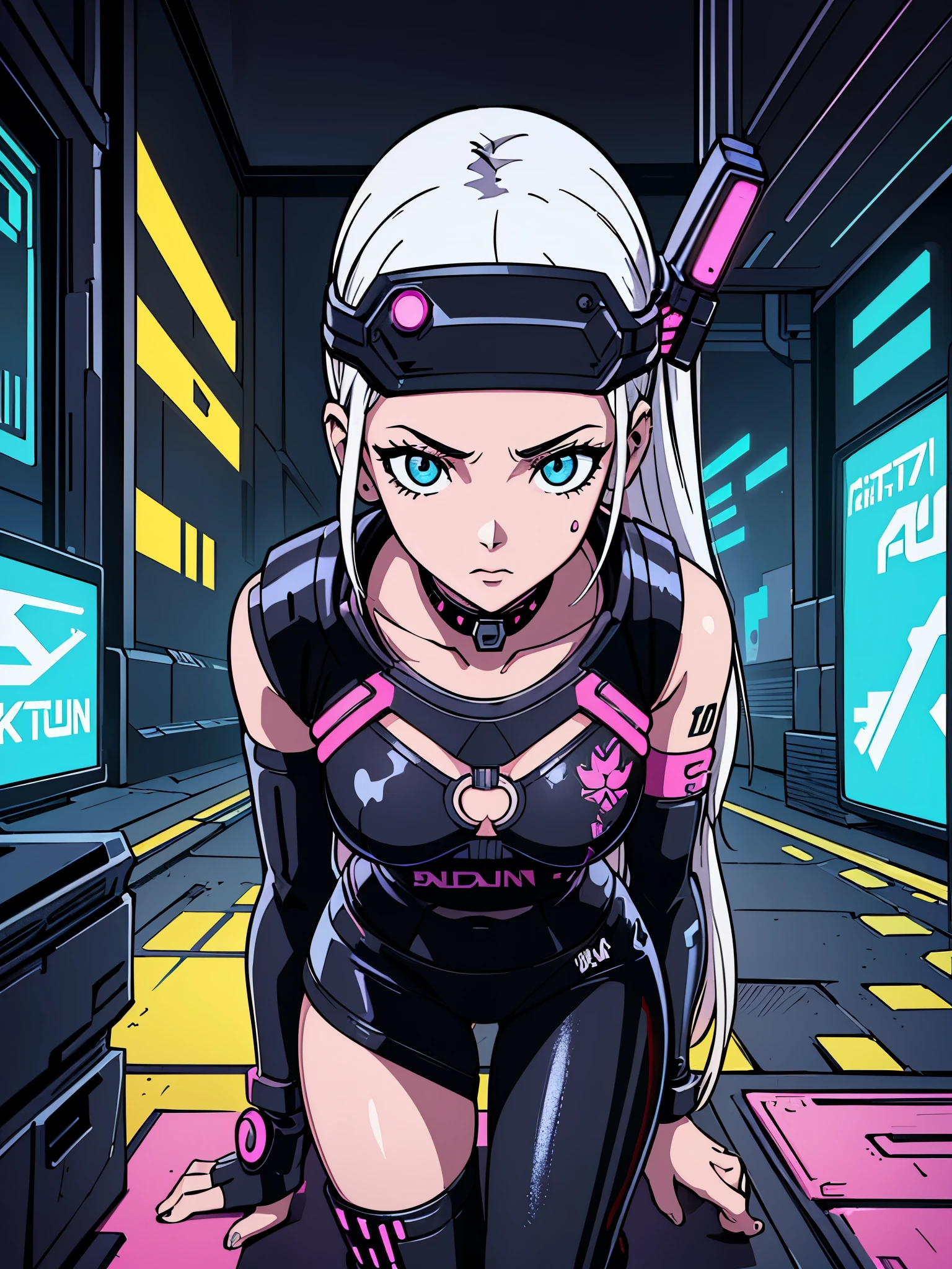 digital art drawing, illustration of (girl with neon metal parts on her skin, cyberpunk 2077), anime drawing/art, bold linework, illustration, digital art, masterpiece, flat illustration, no shadows, black and white, 8k resolution, high detail, vector art, only anime