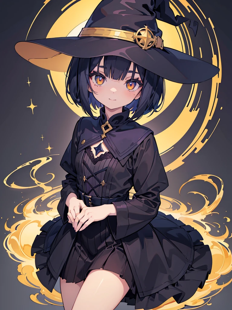 Witch's outfit, Anime-style portrait of a teen-ager girl with a deep violet bob cut, (Golden eyes), bright eyes, detailed eyes, eye contact with the camera, subtle smile, minimalistic background to emphasize character, high contrast, clean lines, digital painting, vivid colors
