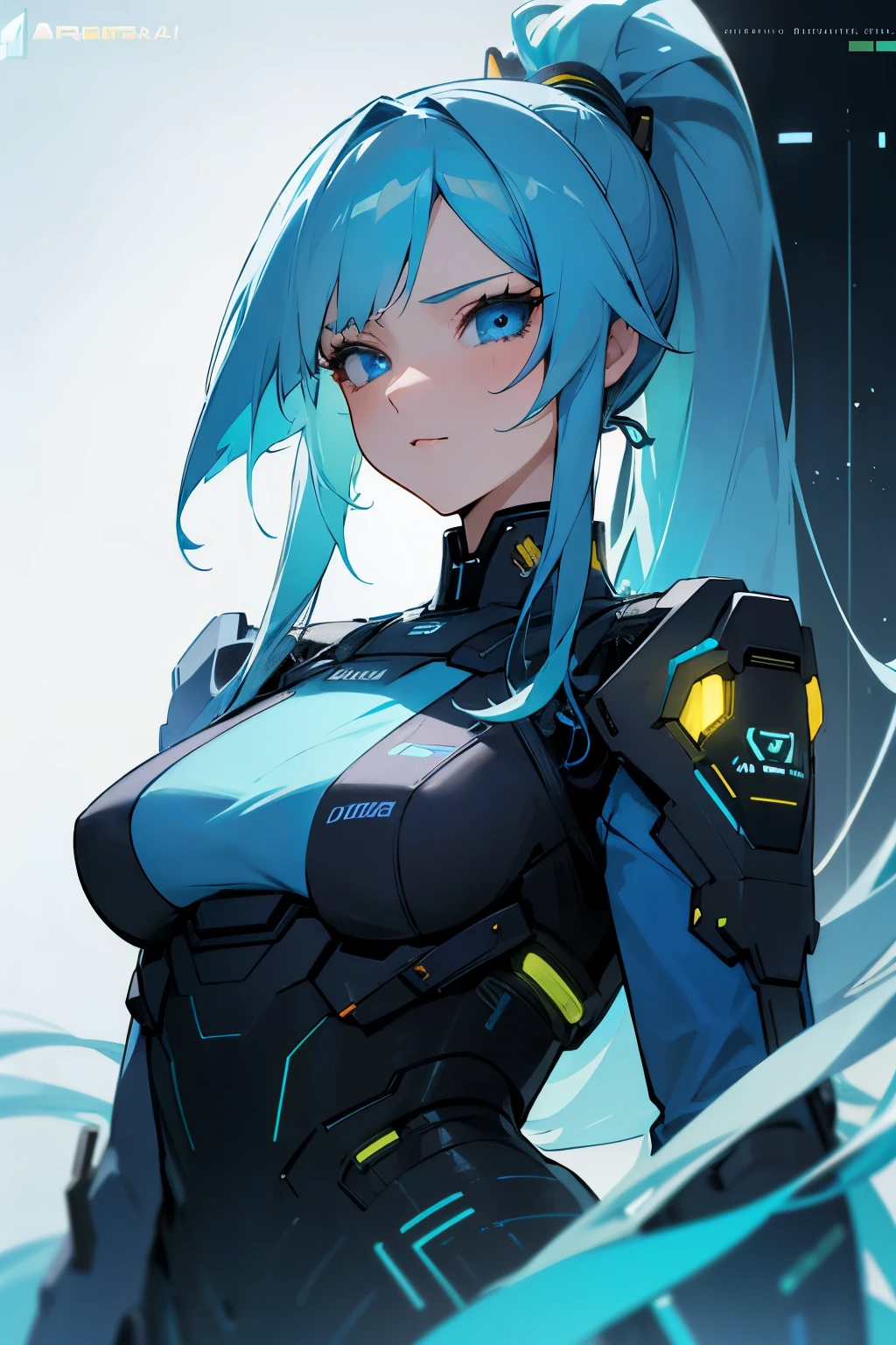 1girl, ((human)), long blue hair yellow gradient, blue eyes, blue long dress, ponytail, synthesizer, futuristic, busty, (detailed face)