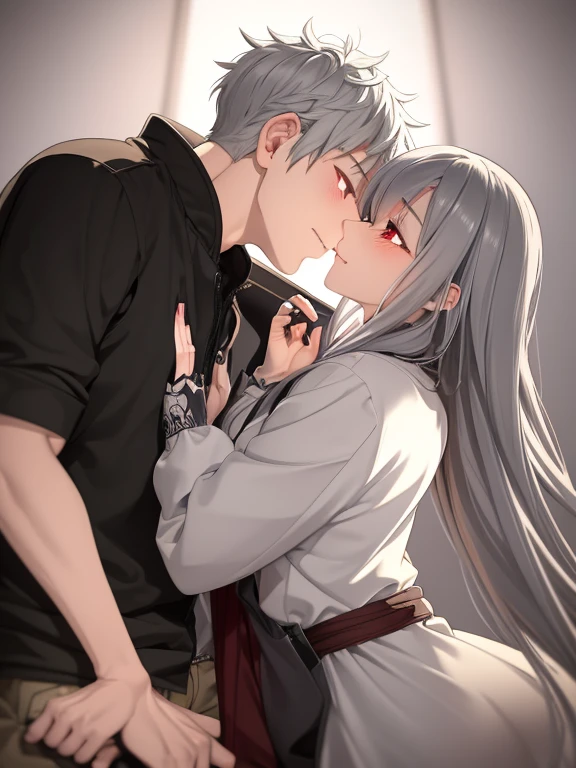 A boy fox with grey hair and red eyes, with extremely detailed facial features and an evil smile. He is wearing casual clothes. Next to him, there is a girl fox with silver hair, who has a feminine appearance and blushing cheeks. They are getting close to each other for a kiss. The image is of the highest quality, with an 8k resolution, and it is ultra-detailed. The color palette is rich and vivid. The scene is illuminated by studio lighting, creating dramatic and contrasting shadows. The overall style of the artwork is a mixture of illustrations and portraits, highlighting the intricate details of the characters.