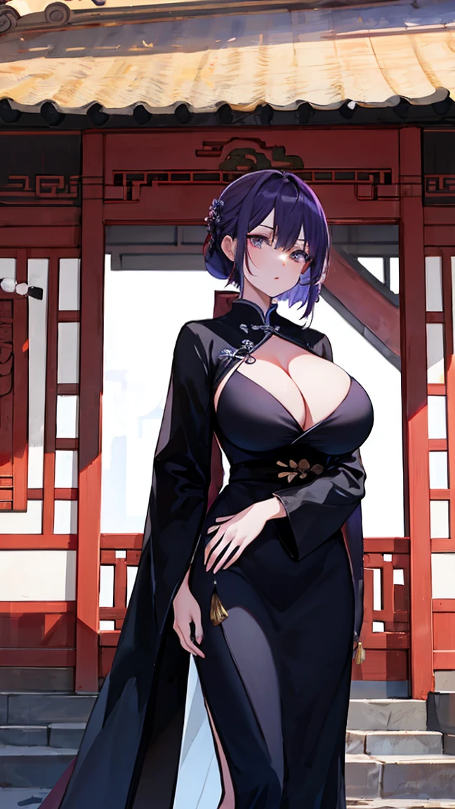 A girl with big breasts, Wearing an open purple-black robe, Standing in a Chinese-style building