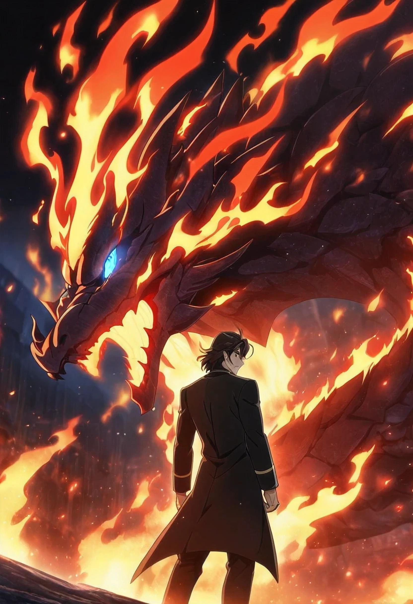 1guy, ((handsome)), 1guy, strong and tall, (solo), (red medium hair:1.1), (blue eyes:1.1), ((eyes details)), fit body, black sherwani, anime hight quality, masterpiece, moonlight, starry sky, smirk face, High quality wallpaper, fiery arms, magicflames, flames, hell background, from behind, looking back, flames aura, fiery dragons fleet and fiery around, wide angle shot, dutch angle