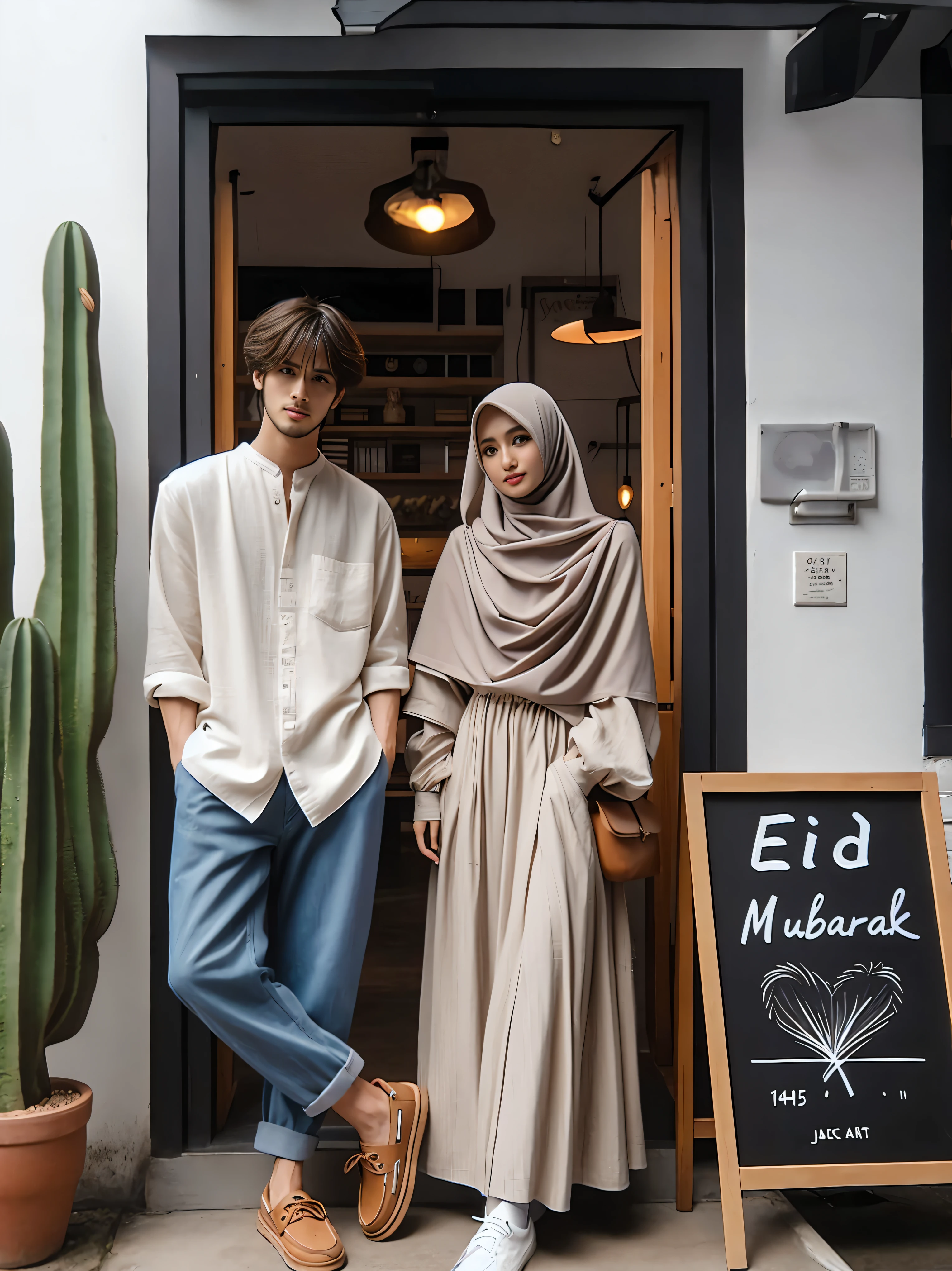 they are standing outside of a restaurant with a sign and cactus, casual modern clothing, shot on canon eos r 5, shot on canon eos r5, middle eastern style vendors, modern casual clothing, dressed with long fluent clothes, official store photo, dressed thobe, diverse outfits, casual clothing style, traditional clothes, editorial photo from magazine, traditional clothing, couple