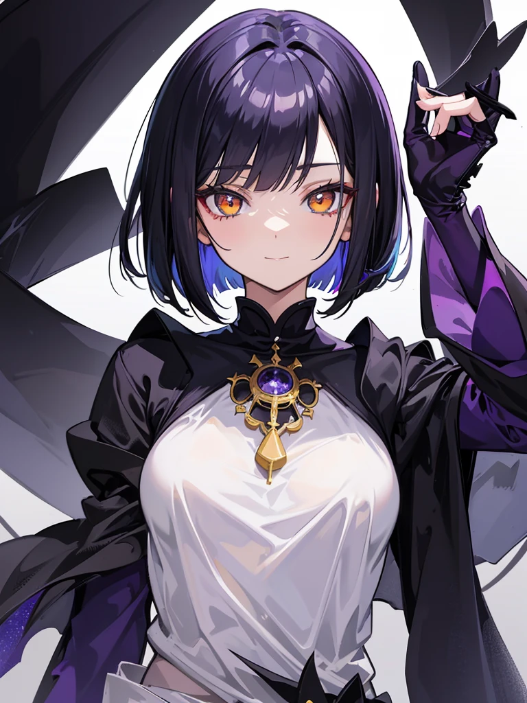 Witch's outfit, Anime-style portrait of a teen-ager girl with a deep violet bob cut, (Golden eyes), bright eyes, detailed eyes, eye contact with the camera, subtle smile, minimalistic background to emphasize character, high contrast, clean lines, digital painting, vivid colors