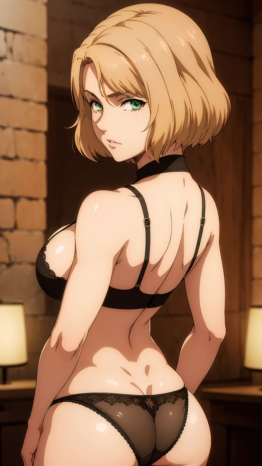 masterpiece, best quality, extremely detail 8k cg, high resolution, 1girl, hitch dreyse, blonde hair, emerald eyes, thin body, huge breasts, bubble butt, focus on butt, bra, high leg panties, beautiful face, medium full shot, from behind