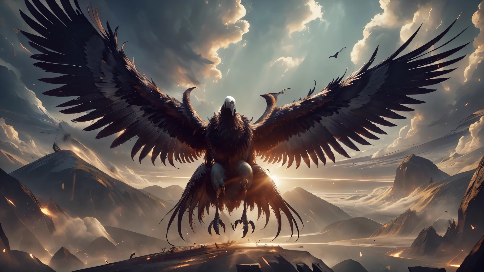 "(best quality,8k,masterpiece:1.2), giant vulture with open wings four meters wide,two meters tall,sharp legs, detailed feathers,dark and intimidating, dramatic lighting"