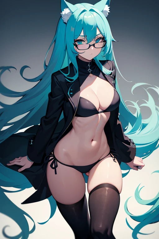 hot girl, beautiful long cyan hair, wearing glasses, cyan eyes, sexy black bikini, big but medium breasts, a black jacket no panties and long black transparent socks, wolf ears