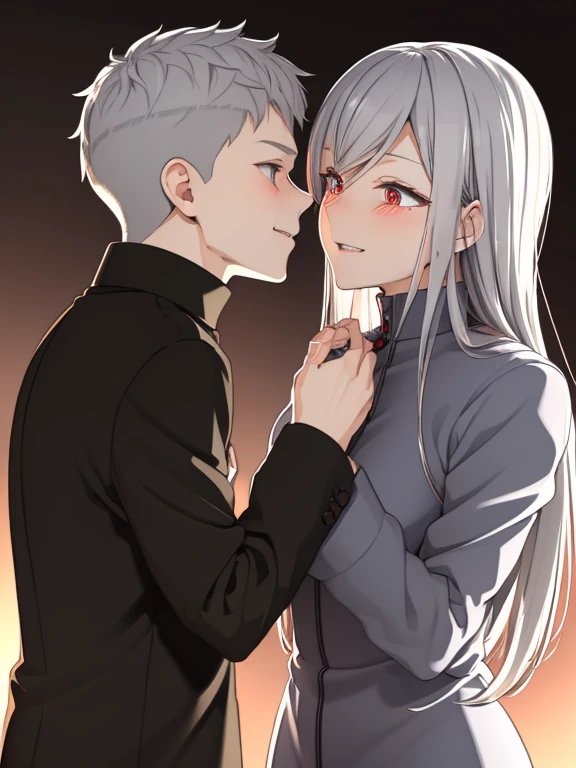 A boy fox with grey hair and red eyes, with extremely detailed facial features and an evil smile. He is wearing casual clothes. Next to him, there is a girl fox with silver hair, who has a feminine appearance and blushing cheeks. They are getting close to each other for a kiss. The image is of the highest quality, with an 8k resolution, and it is ultra-detailed. The color palette is rich and vivid. The scene is illuminated by studio lighting, creating dramatic and contrasting shadows. The overall style of the artwork is a mixture of illustrations and portraits, highlighting the intricate details of the characters.