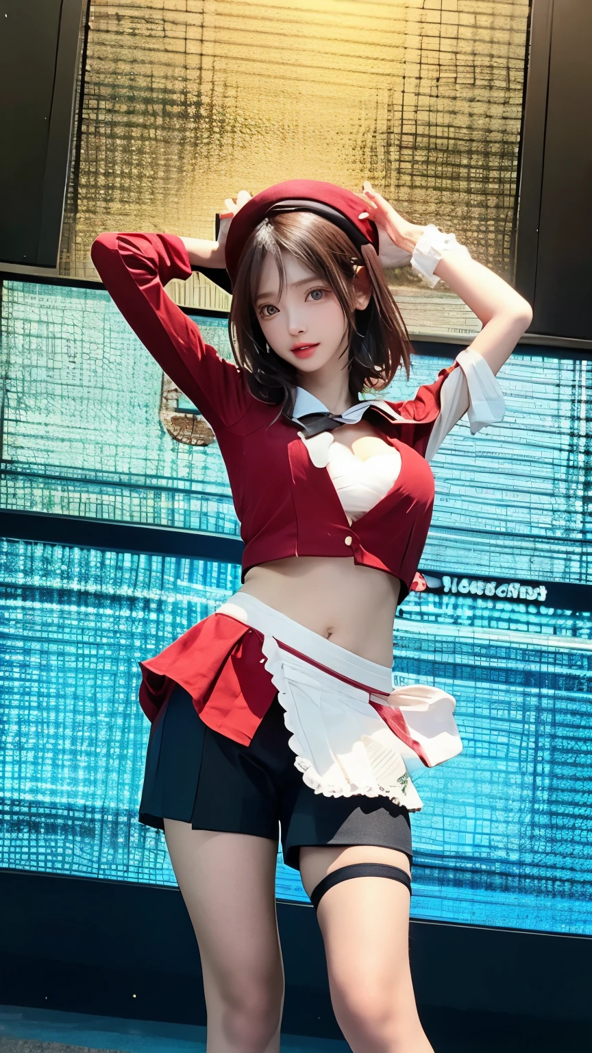(very delicate and beautiful:1.2)super model,perfect shape,girl's,,Thighhighs,beautiful feet,beret,gentle expression,spoiled look,Innocent face,ミニskirt,big breasts,beautiful breasts,voluptuous,bike shorts,,givenchy,masterpiece, highest quality, High resolution, 8K, , skirt, uniform, short hair, messy hair, blush, sexy pose, big breasts, seductive pose, sweating,, sweating, cityscape, vivid details, super detail, realistic skin texture, Surface details, Beautiful eyes in every detail, medium full shot, Girl holding a sword,flame background,idol group,girl da,Collective of girls,Large number of girls
