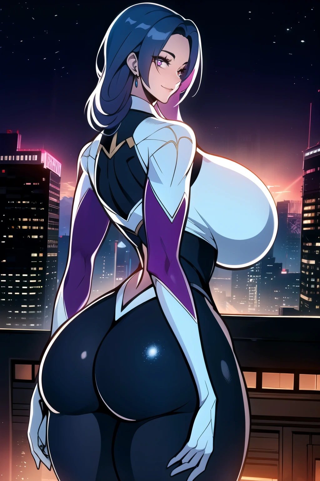 ultra realistic 8k cg, masterpiece, ((ultra detailed background, intricate detail, highly detailed, fine details best quality, hyperdetailed face)), gigantic breasts ,beautiful lighting, absurdres, BoaHancockV2, 1girl, solo,( Blue hair), long hair, jewelry, closed mouth, ), (Spider-gwen costume, curvy, shiny clothes), violet eyes , complex detailed background, outside, standing on top of buildings at night), ((cowboy shot)), curvy, (gigantic breasts: 1.1), seductive smile, cowboy shot, curvy ass, big butt, bubble butt,