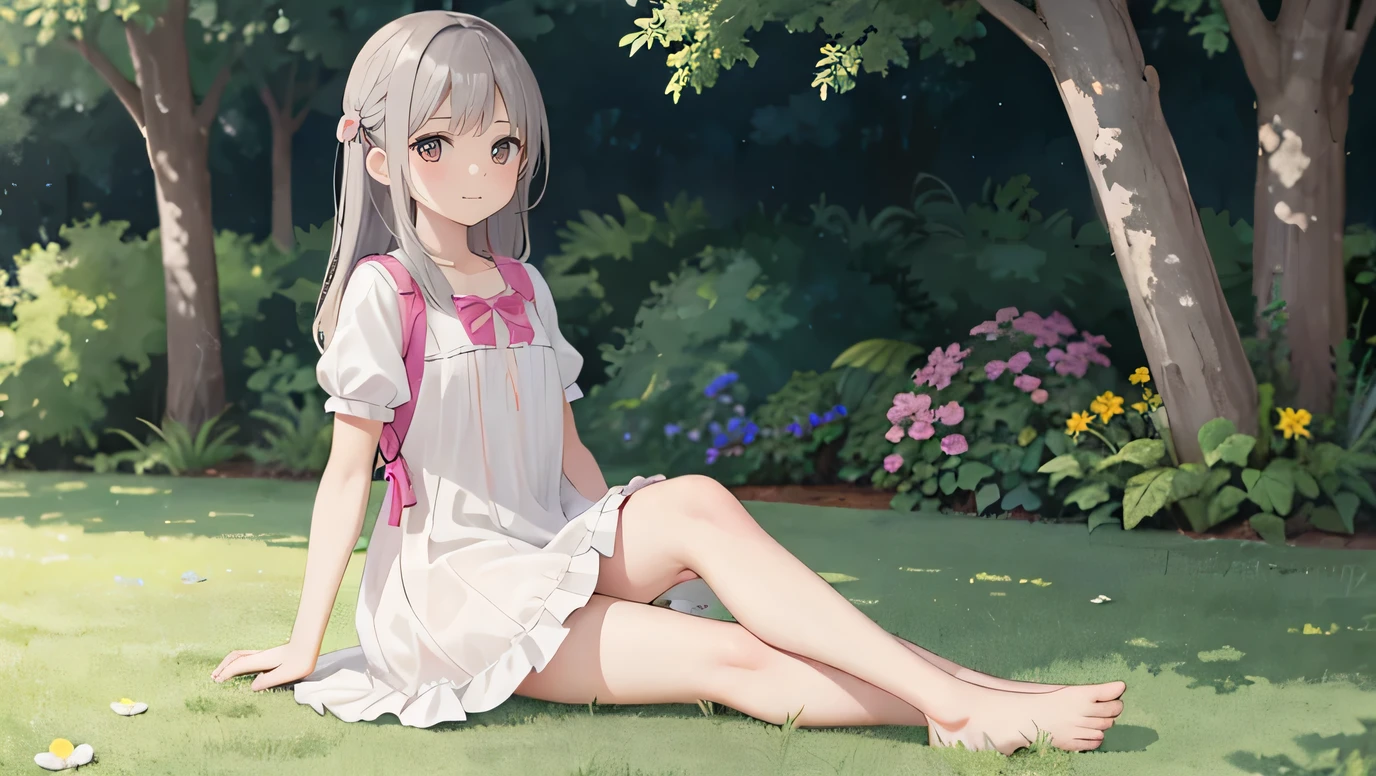 masterpiece, highest quality, High resolution, very detailed, detailed background, cinematic lighting, 2girl,11 years old, looking at the viewer, barefoot, dress, sitting, short sleeve, looking at the viewer, Grass, long hair, smile, gray hair, plump sleeves, outdoor, puffy short sleeve, bangs, full body, wearing pink Randoseru Backpack, (Randoseru Backpack:1.0), white dress, Day light, brown eyes, dappled Day light, Day,wet,clothes are transparent、
