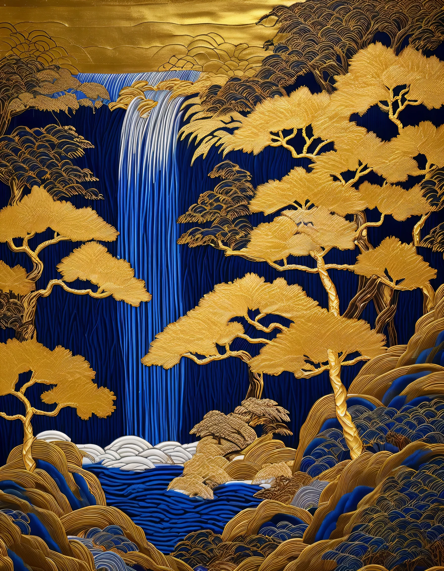 a close up of a painting of a waterfall and trees, gold and indigo, gold waterfalls, by Master of the Embroidered Foliage, by Kano Tan&#39;yū, with trees and waterfalls, intricate golden threads, gold brocaded dark blue clothes, gold embroidery, forest and waterfall, by Asai Chū, japanese wood cut, traditional chinese art