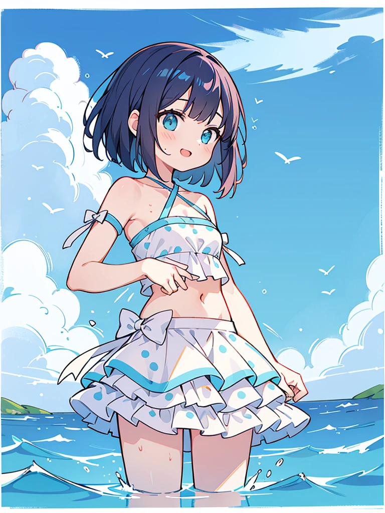 a girl standing in shallow ocean water under a clear blue sky. She has a sun-kissed complexion and a deep violet bob cut hair. She is wearing a two-piece swimsuit with a strap around the neck; the top is bandeau-style with a halter neck strap, featuring a aqua bule color with white polka dots. The top has a sweetheart neckline, accentuated with a small frilly detail along the edge, and it is underwired, providing structure. The matching bottoms have a similar frilly detail along the waistline. Her posture is relaxed yet playful as she gently touches her midriff with both hands, and she offers subtle smile, her head tilted slightly to the side, adding a sense of approachability to her demeanor, high contrast, clean lines, digital painting, vivid colors