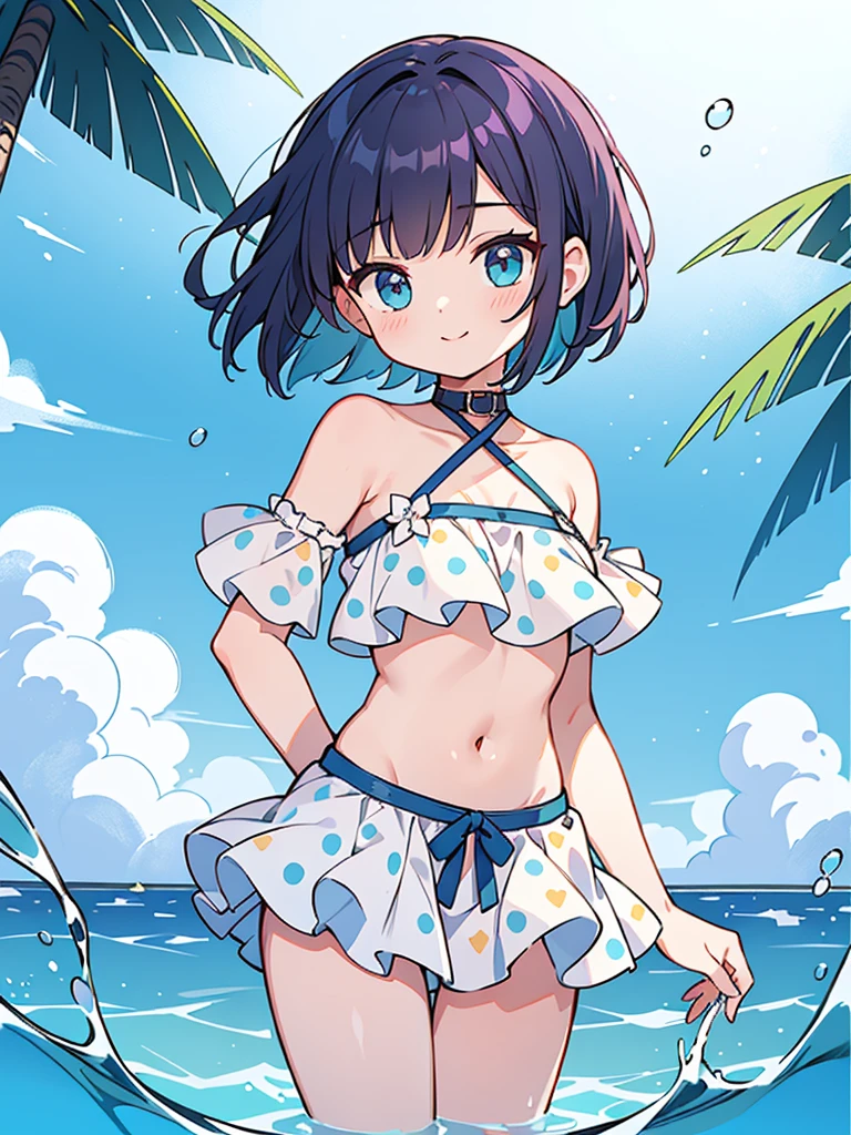 a girl standing in shallow ocean water under a clear blue sky. She has a sun-kissed complexion and a deep violet bob cut hair. She is wearing a two-piece swimsuit with a strap around the neck; the top is bandeau-style with a halter neck strap, featuring a aqua bule color with white polka dots. The top has a sweetheart neckline, accentuated with a small frilly detail along the edge, and it is underwired, providing structure. The matching bottoms have a similar frilly detail along the waistline. Her posture is relaxed yet playful as she gently touches her midriff with both hands, and she offers subtle smile, her head tilted slightly to the side, adding a sense of approachability to her demeanor, high contrast, clean lines, digital painting, vivid colors